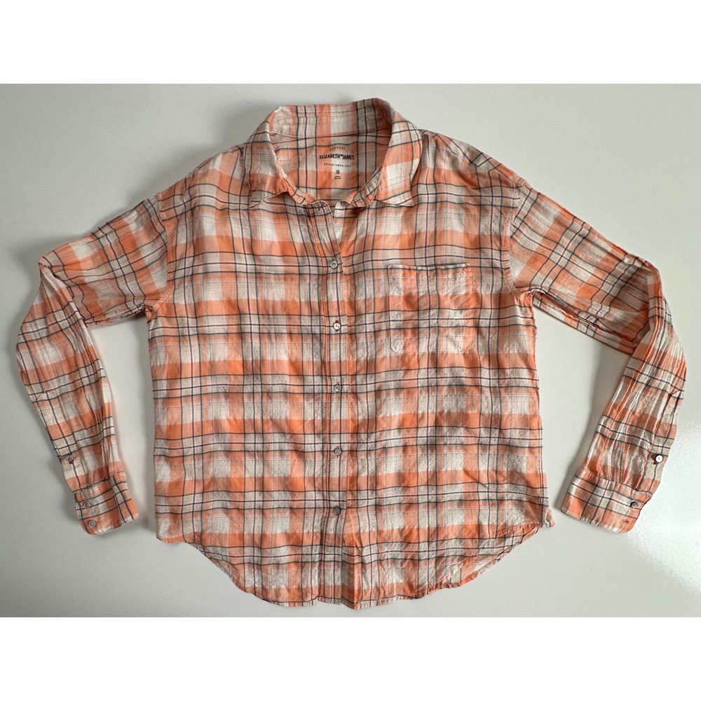 Elizabeth and James Orange Plaid Lightweight Button Down Shirt Women XS Small